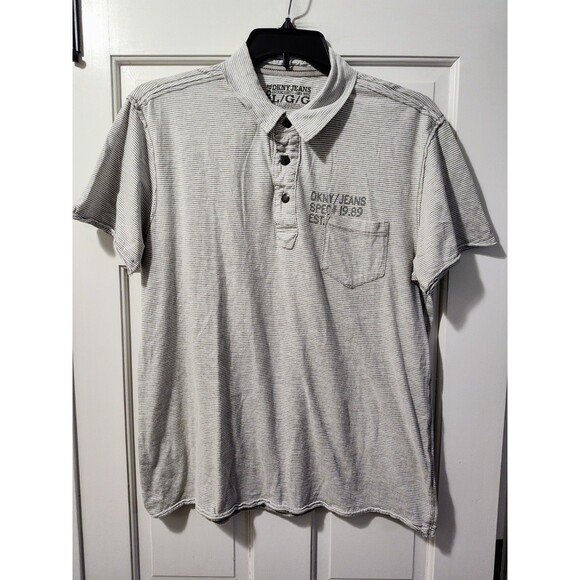DKNY Men's Polo Large Collared Striped Gray Shirt Est 1989 NYC Soft Comfort - Picture 9 of 11